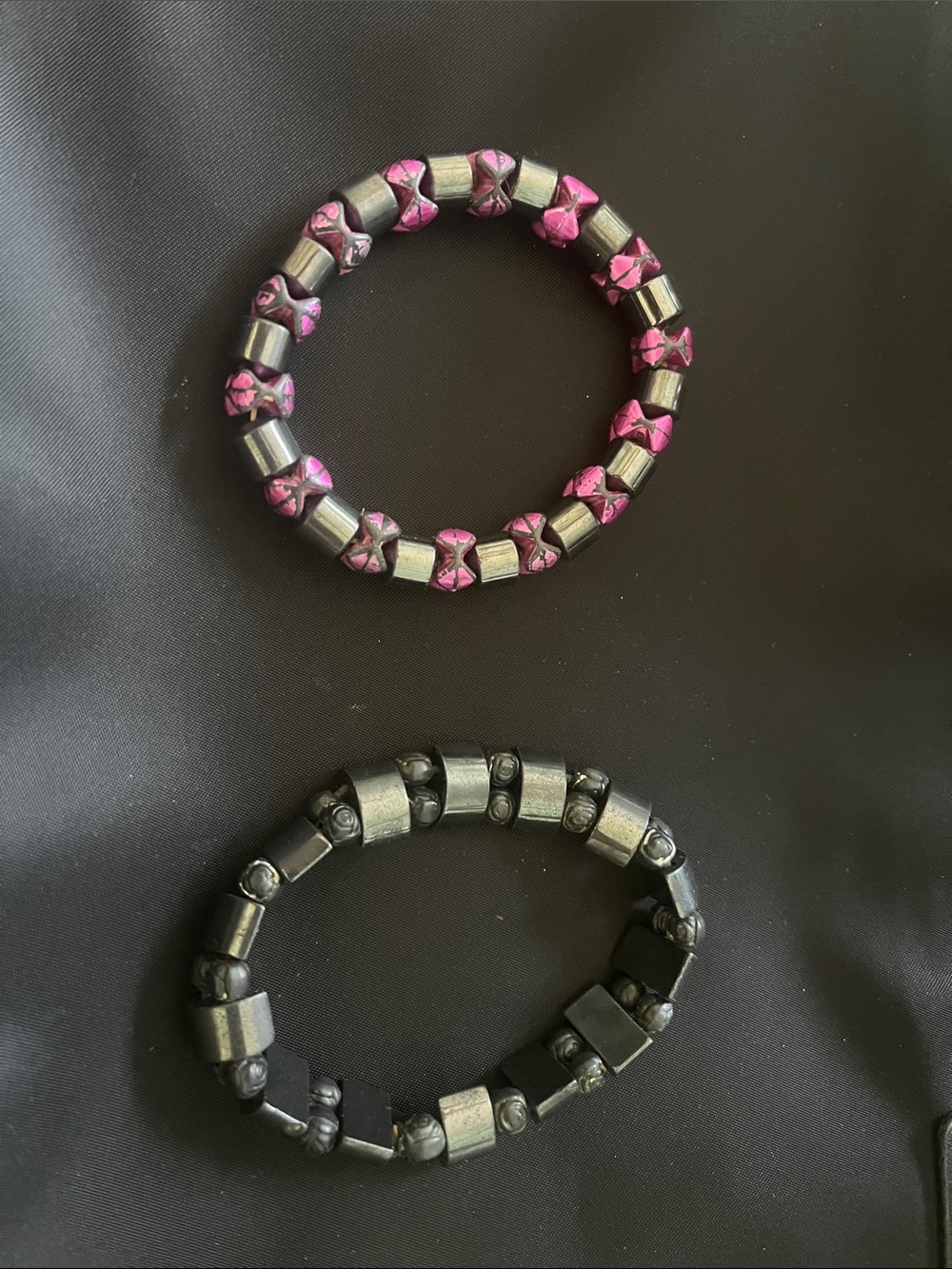 Stretch Beaded magnetic Bracelet Duo - Pink & Black Accent Set